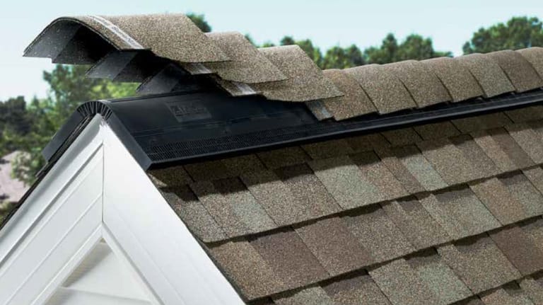 Ridge vent running along the peak of a residential roof